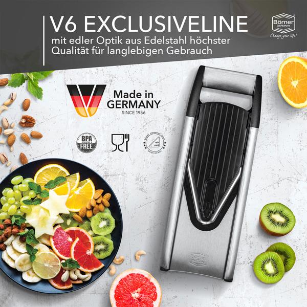 Premium Edelstahl Gemüsereibe V6 Basis Set, 3 Schnittstärken, silber-schwarz: Küchenhobel für Gemüse & Obst