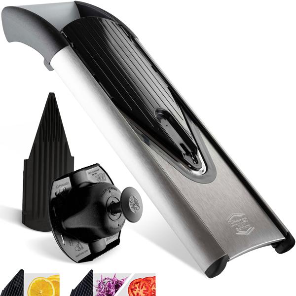 Premium Edelstahl Gemüsereibe V6 Basis Set, 3 Schnittstärken, silber-schwarz: Küchenhobel für Gemüse & Obst