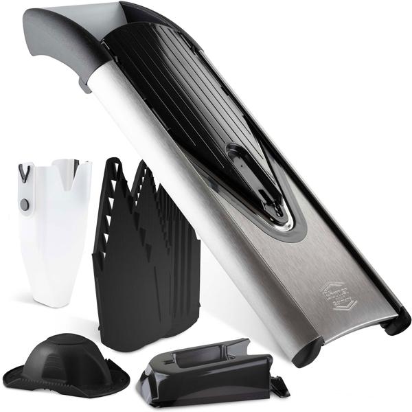 Premium Edelstahl Gemüsereibe V6 Profi Set, 5 Schnittarten, silber-schwarz: Küchenhobel für Gemüse & Obst