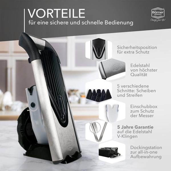 Premium Edelstahl Gemüsereibe V6 Profi Set, 5 Schnittarten, silber-schwarz: Küchenhobel für Gemüse & Obst