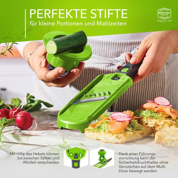 Profi Gemüse-Hobel, grün-grau: Julienne Gemüseschneider für perfekte Gemüsestreifen & Rohkost-Rezepte