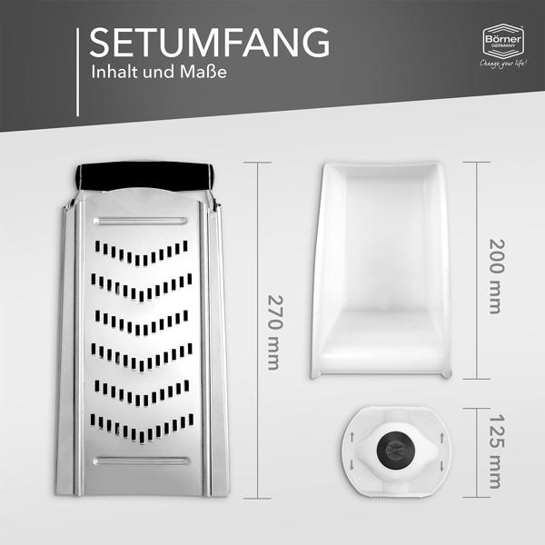 Profi Vierkantreibe mit Auffangbehälter und Fruchthalter: Schnelle Käse- & Gemüsereibe für perfekte Rösti & Salate