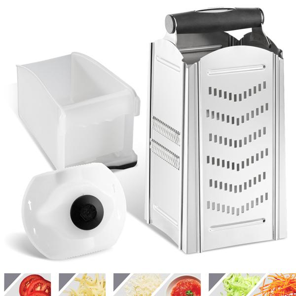 Profi Vierkantreibe mit Auffangbehälter und Fruchthalter: Schnelle Käse- & Gemüsereibe für perfekte Rösti & Salate