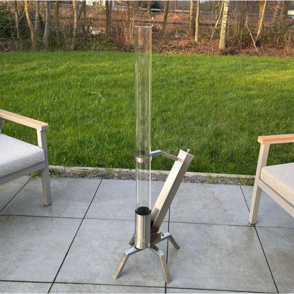 Glass fire tube with stainless steel frame, H 132 cm: Exclusive garden stove - a stylish source of warmth for patio & balcony