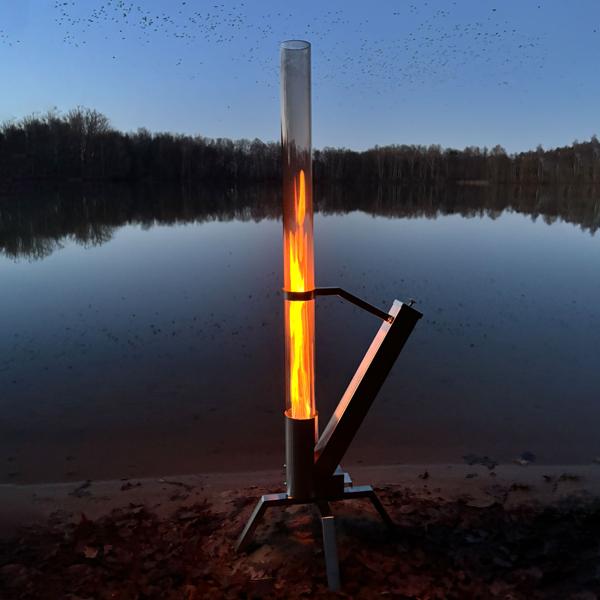 Glass fire tube with stainless steel frame, H 132 cm: Exclusive garden stove - a stylish source of warmth for patio & balcony