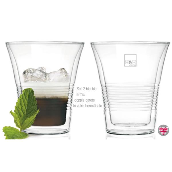 set di 2 raffinati bicchieri a doppia parete con scanalatura - 220 ml - Funzione Thermo per gustare al meglio caffè e tè