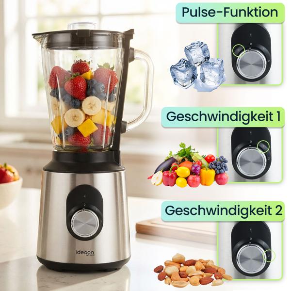Edelstahl Power Standmixer mit 1,5 l Glasbehälter, Küchenmixer, 1.000 W für Shakes, Smoothies, Saucen oder Zerkleinerung von Obst und Gemüse