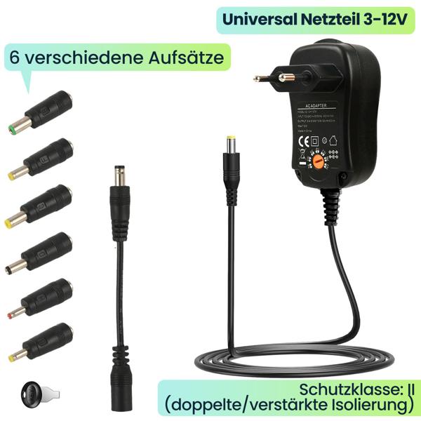 Universal Netzteil 3-12V 600mA 7,2W inkl. 6 Adapter, Pol-Wender & Schlüssel - Flexibles Schaltnetzteil für Kleingeräte, effizient & sicher