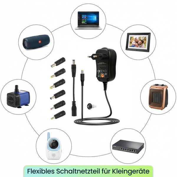 Universal Netzteil 3-12V 600mA 7,2W inkl. 6 Adapter, Pol-Wender & Schlüssel - Flexibles Schaltnetzteil für Kleingeräte, effizient & sicher