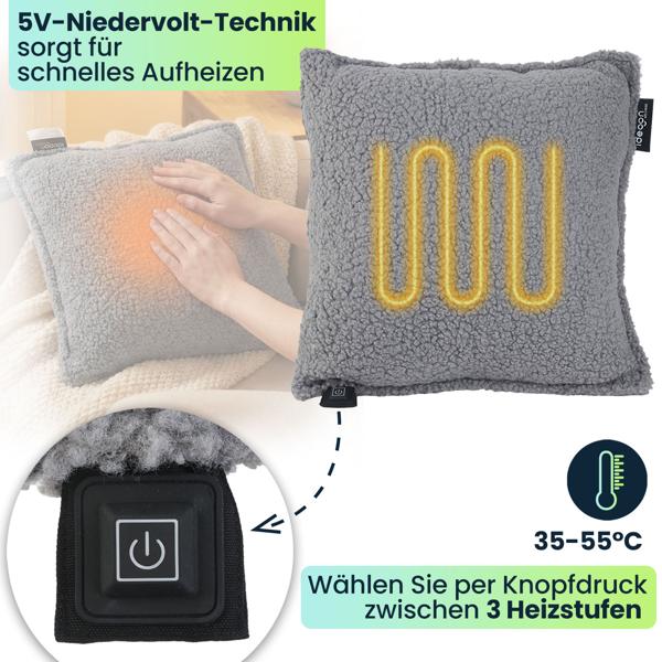 Luxus Heizkissen 45x45 kabellos – Samt-Wärmekissen mit 5000mAh Akku, 3 Stufen, USB & weiche Füllung - Sanfte Wohlfühlwärme für Ihr Zuhause