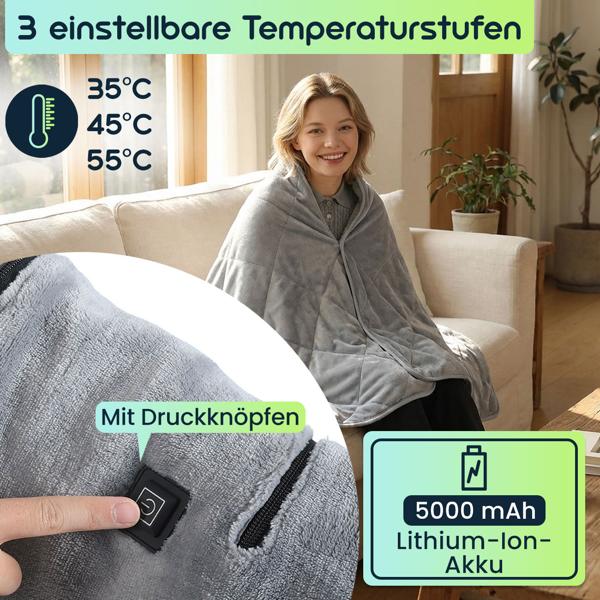Heizdecke 135x180 cm aus Polarfleece mit Druckknöpfen, elektrische Wärmedecke mit 3 Stufen, auch als Heizkissen nutzbar, kuschelweiche Kuscheldecke