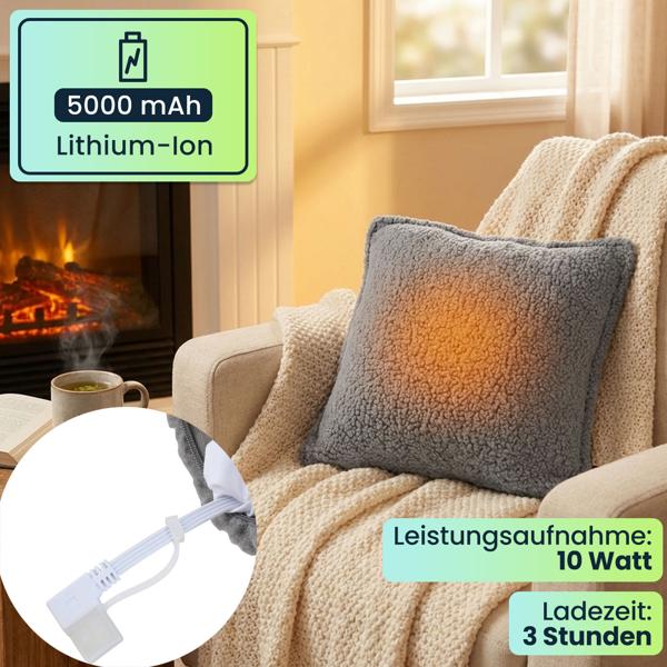 2er-Set Luxus Heizkissen 45x45 kabellos – Samt-Wärmekissen mit 5000mAh Akku, 3 Stufen, USB & weiche Füllung - Sanfte Wohlfühlwärme für Ihr Zuhause