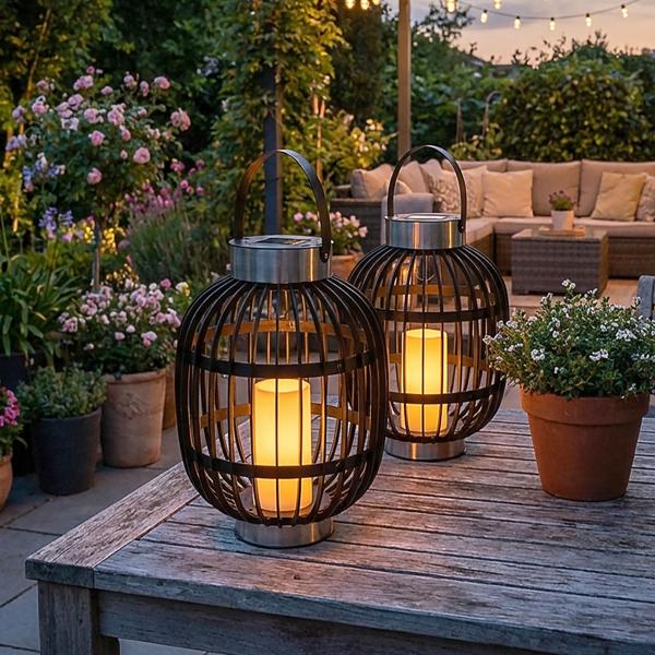 set of 2 stylish solar garden lanterns in rattan look: stainless steel rings, LED candle, 35x45cm, black - Decorative outdoor lighting