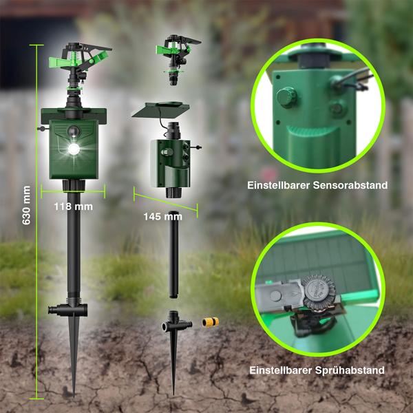 2er-Set Universal Tiervertreiber mit Wasserstrahl & Bewegungssensor, solarbetrieb: Vertreibt Hunde, Katzen, Reiher & Wildtiere, schützt Ihren Garten effektiv