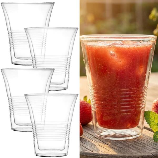 Set de 4 verres à double paroi avec relief 220 ml – verres thermiques pour café & thé, verres à café en borosilicate avec effet flottant, résistants à la chaleur