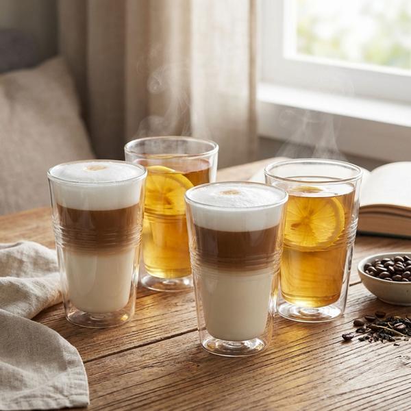set of 4 thermal glasses with fluting, double-walled - 300 ml - Double-walled glasses for the best enjoyment of coffee & tea with floating effect