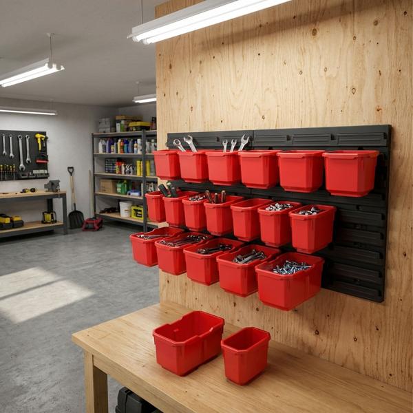 High-quality tool wall with tool bins: open-front bins with system panel for the professional workshop - for organization & storage