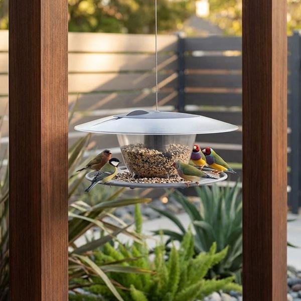 Mangeoire à oiseaux moderne à suspendre - Protection pluie/vent - Design fonctionnel anti-moisissure/excréments - Réservoir transparent 122x294mm - Gris pierre