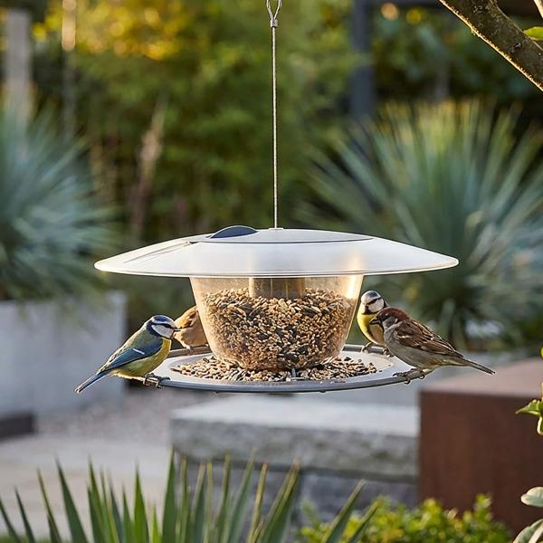 Mangeoire à oiseaux moderne à suspendre - Protection pluie/vent - Design fonctionnel anti-moisissure/excréments - Réservoir transparent 122x294mm - Gris pierre