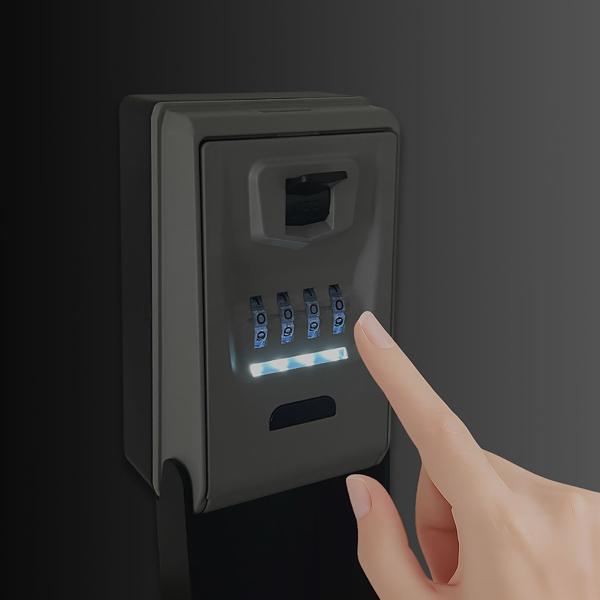 Key lock box with illuminated 4-digit code; extra secure key hiding place for wall mounting; weatherproof thanks to protective cover