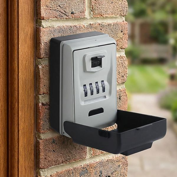 Key lock box with illuminated 4-digit code; extra secure key hiding place for wall mounting; weatherproof thanks to protective cover
