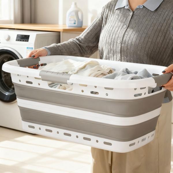 Set of 2 foldable laundry baskets 41 L – space-saving plastic laundry sorter with ventilation – ultra-flat 8.5 cm for laundry room & camping