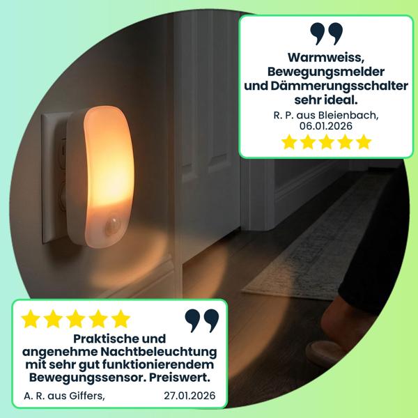 LED Nachtlicht Stecker mit Bewegungsmelder & Dämmerungssensor, Orientierungslicht für die Steckdose, 11 Lm Warmweiss, für Flur, Treppe & Kinderzimmer