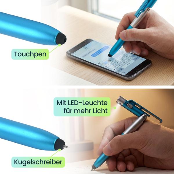 4in1 Kugelschreiber mit LED-Lampe, Touchpen für Tablets & Handy-Ständer Funktion, 5er-Set – Multifunktionsstift Schreibset für Büro, Alltag und Reise