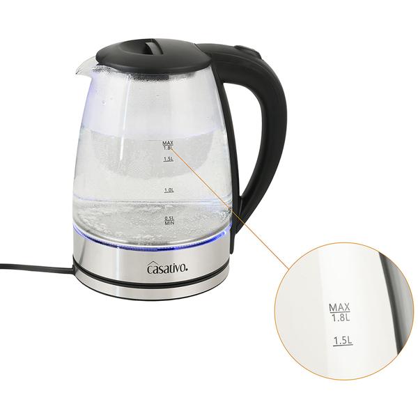Edler Glas-Wasserkocher 1,8L mit blauem LED-Licht, Edelstahl, 2200W - Teekocher mit Abschaltautomatik & Trockenbetriebsschutz