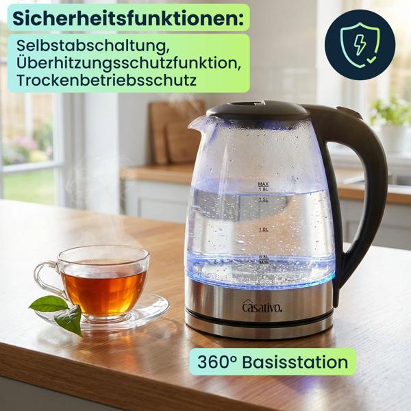 Edler Glas-Wasserkocher 1,8L mit blauem LED-Licht, Edelstahl, 2200W - Teekocher mit Abschaltautomatik & Trockenbetriebsschutz