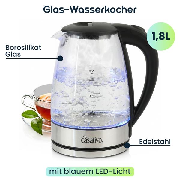 Edler Glas-Wasserkocher 1,8L mit blauem LED-Licht, Edelstahl, 2200W - Teekocher mit Abschaltautomatik & Trockenbetriebsschutz
