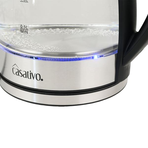 Edler Glas-Wasserkocher 1,8L mit blauem LED-Licht, Edelstahl, 2200W - Teekocher mit Abschaltautomatik & Trockenbetriebsschutz