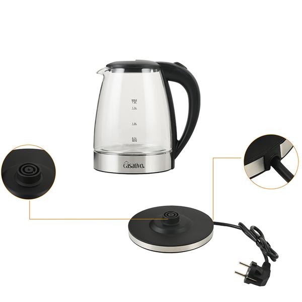 Edler Glas-Wasserkocher 1,8L mit blauem LED-Licht, Edelstahl, 2200W - Teekocher mit Abschaltautomatik & Trockenbetriebsschutz