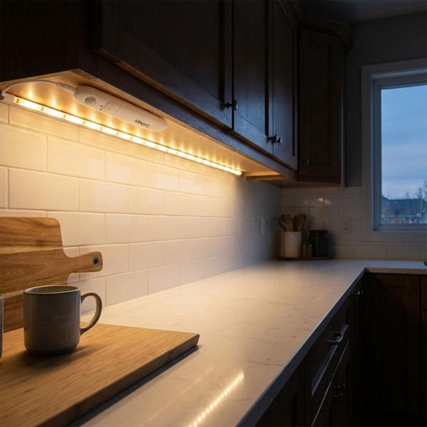 Striscia LED da 3 m bianco caldo con sensore di movimento e alimentazione a batteria – nastro luminoso autoadesivo, luce notturna, 90 LED, 5 W