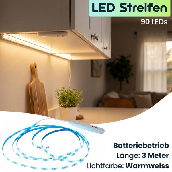 3m LED Streifen warmweiss mit Bewegungsmelder & Batteriebetrieb - Selbstklebendes Lichtband, Nachtlicht Stripe, 90 LEDs, 5W