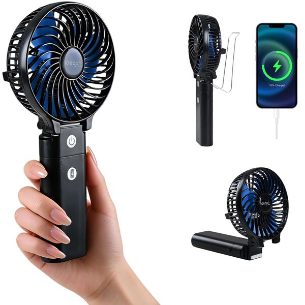 Set of 2 powerful rechargeable handheld fans 5200 mAh power bank table fan: USB travel fan, 3 speeds, portable mini fan
