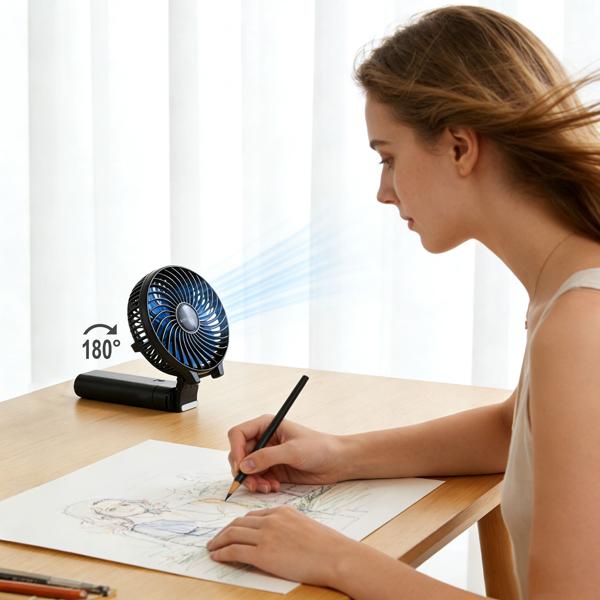 Set of 2 powerful rechargeable handheld fans 5200 mAh power bank table fan: USB travel fan, 3 speeds, portable mini fan