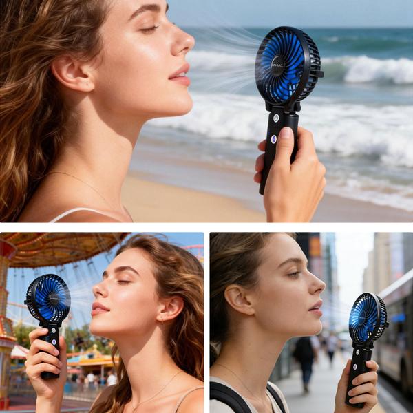 Set of 2 powerful rechargeable handheld fans 5200 mAh power bank table fan: USB travel fan, 3 speeds, portable mini fan
