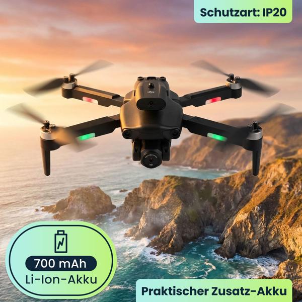 Faltbarer RC-WLAN-Quadrocopter mit HD-Kamera, Hinderniserkennung & Zusatz-Akku - Brushless Drohne C0 für Anfänger, 80m Reichweite, App