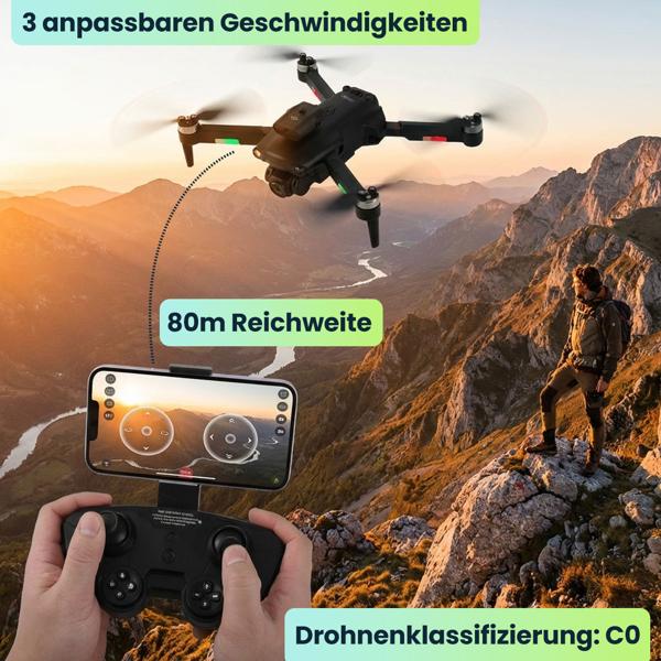 Faltbarer RC-WLAN-Quadrocopter mit HD-Kamera, Hinderniserkennung & Zusatz-Akku - Brushless Drohne C0 für Anfänger, 80m Reichweite, App