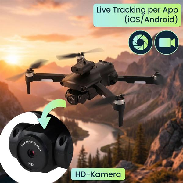 Faltbarer RC-WLAN-Quadrocopter mit HD-Kamera, Hinderniserkennung & Zusatz-Akku - Brushless Drohne C0 für Anfänger, 80m Reichweite, App