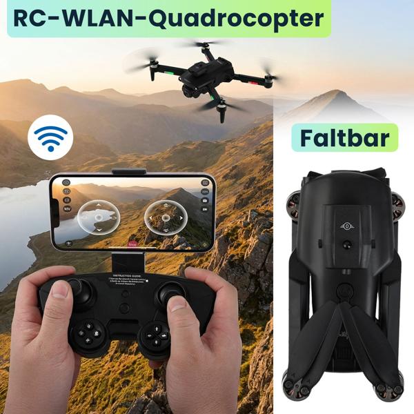 Faltbarer RC-WLAN-Quadrocopter mit HD-Kamera, Hinderniserkennung & Zusatz-Akku - Brushless Drohne C0 für Anfänger, 80m Reichweite, App