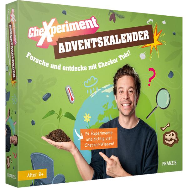 Calendrier de l‘Avent CheXperiment Checker Tobi - 24 expériences physique, chimie, sciences naturelles - Manuel 56 pages, jeu Quartett - Dès 8 ans - Produit en allemand