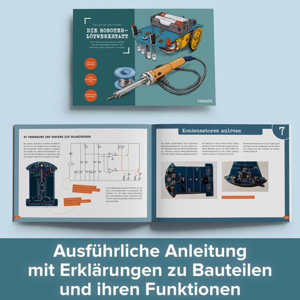 Roboter-Lötwerkstatt Komplettset: Spannender Lernbausatz für Anfänger - Lötkolben, Lötzinn & Fährtenleser-Roboter – ab 14 Jahre
