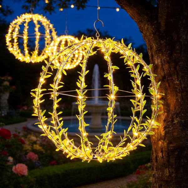 Set of 2 solar light spheres in leaf design - Ø40 cm garden sphere with 144 warm white LEDs - IP44 outdoor light incl. ground spike, S-hook and solar panel