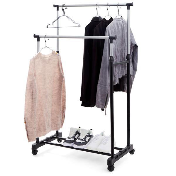 Adjustable clothes rack with double clothes rail & castors - your sturdy helper for more space and tidiness. Practical solution for your home