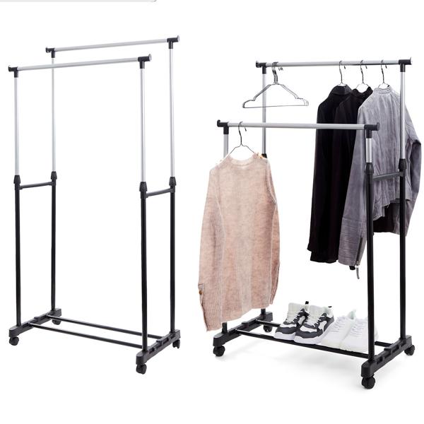 Adjustable clothes rack with double clothes rail & castors - your sturdy helper for more space and tidiness. Practical solution for your home