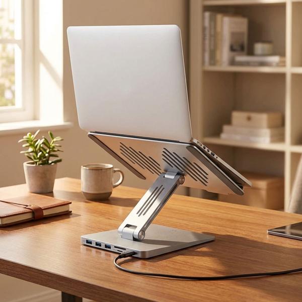 Universal notebook stand with 8-port docking station: an ergonomic workstation & tidy desk for the office & home office
