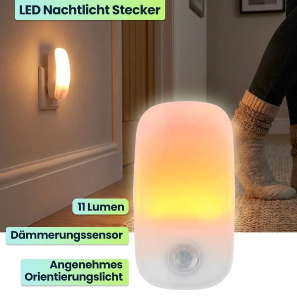 2er-Set LED Nachtlicht Stecker mit Bewegungsmelder & Dämmerungssensor, Steckdosen-Orientierungslicht, 11 Lm Warmweiss, für Flur, Treppe & Kinderzimmer