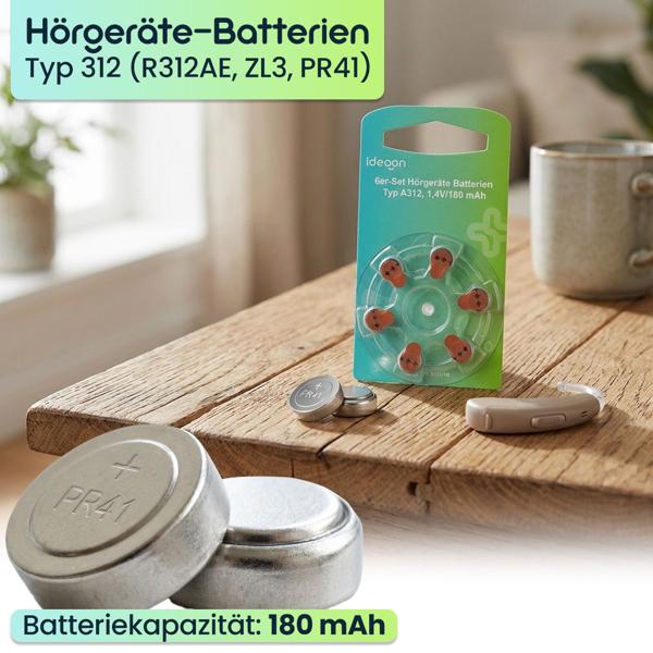 12er-Set Hörgeräte-Batterien Typ 312 A312 (PR41, ZL3, R312AE) – 1,4V Knopfzellen mit 180 mAh Kapazität – Zuverlässige Energie mit brauner Kennzeichnung